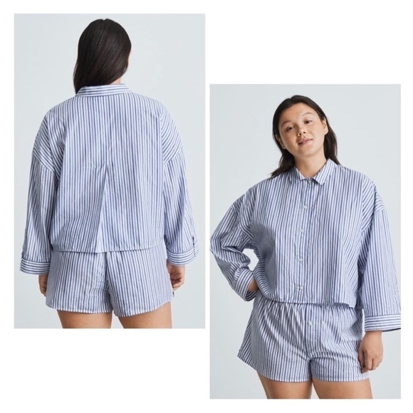 EVERLANE The Woven PJ Top Large Oversized Boxy Blue Stripe Loungewear Preppy NWT - Picture 8 of 8